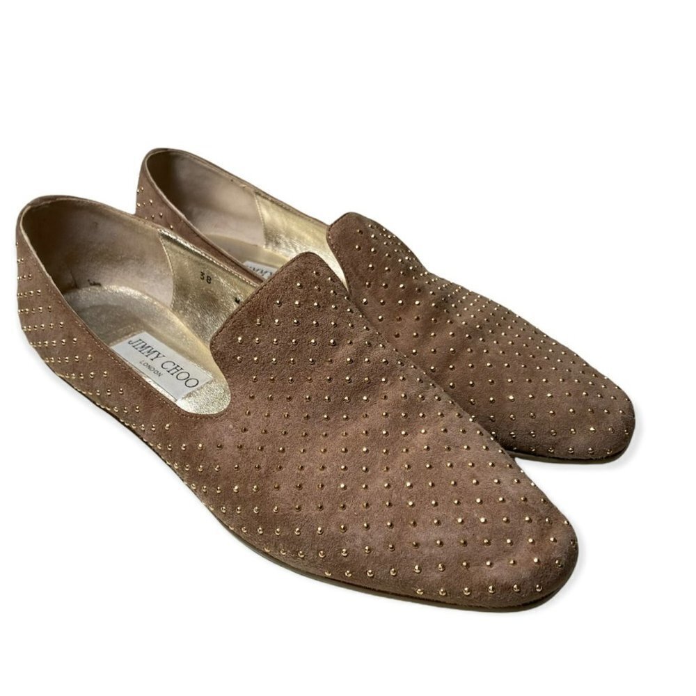 Jimmy Choo | Wheel Studded Suede Smoking Slipper Loafers Tan Sz 38/US 8